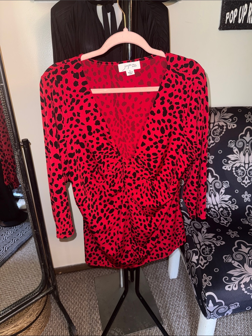 Josephine Studio Red and Black Animal Print V-Neck Blouse